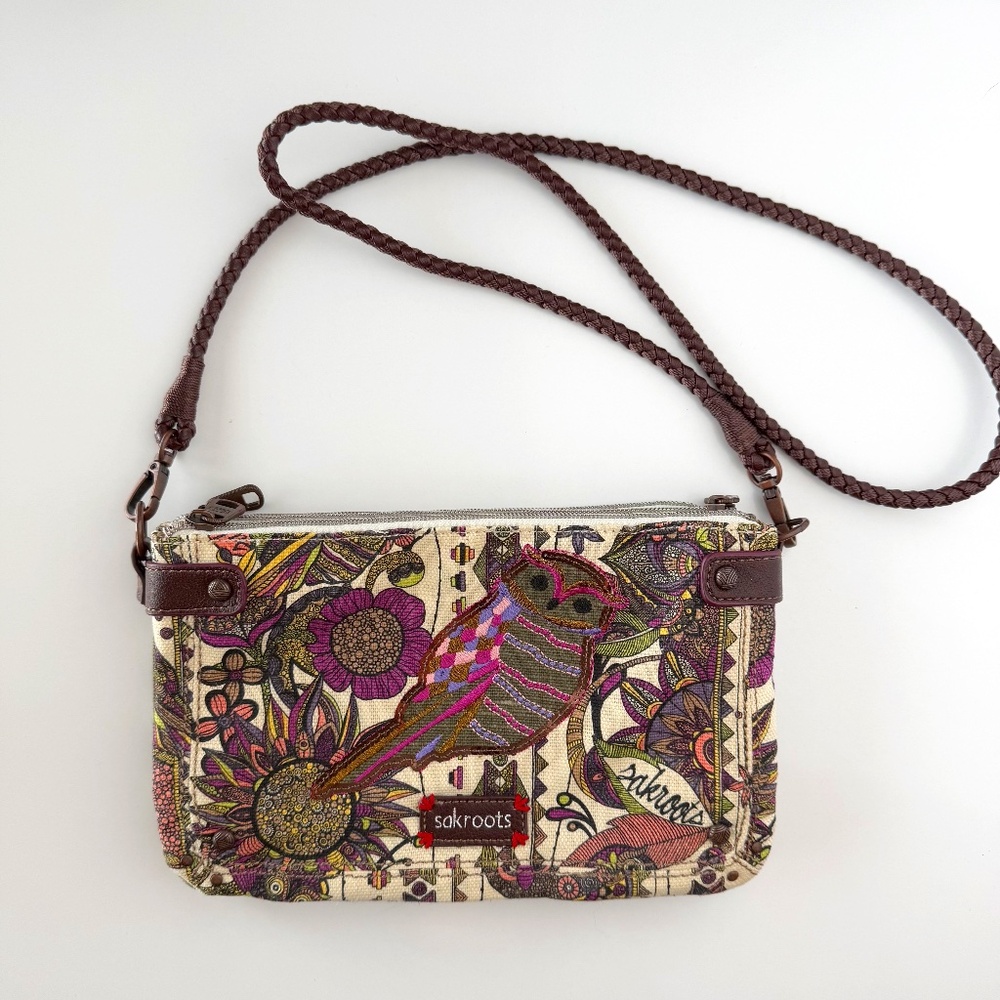 Sakroots 3 Compartment Zip Top Crossbody Braided Strap Owl Print
